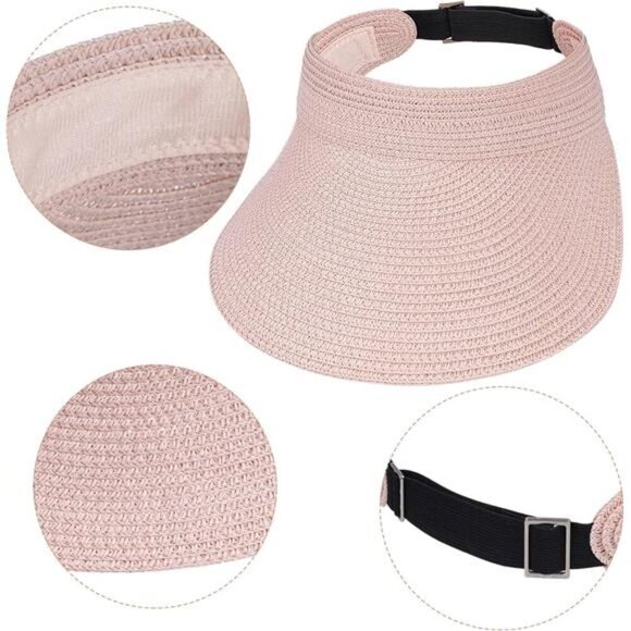 Pink Wide Brim Straw Sun Visor Hat – Adjustable Roll-Up Straw Visor for Women